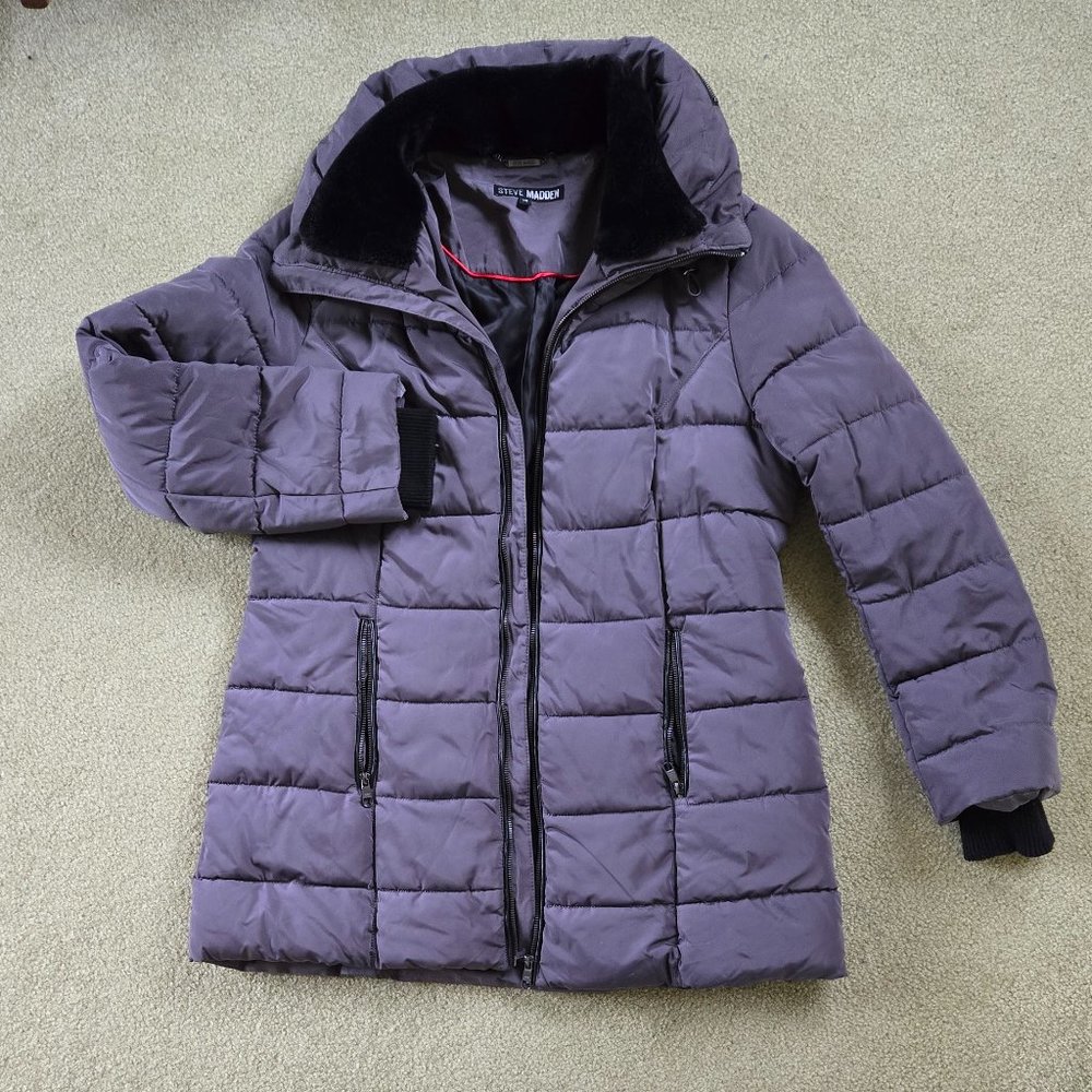 Steve Madden Winter Coat, Women's Large (12-14), Grey with Faux Fur collar